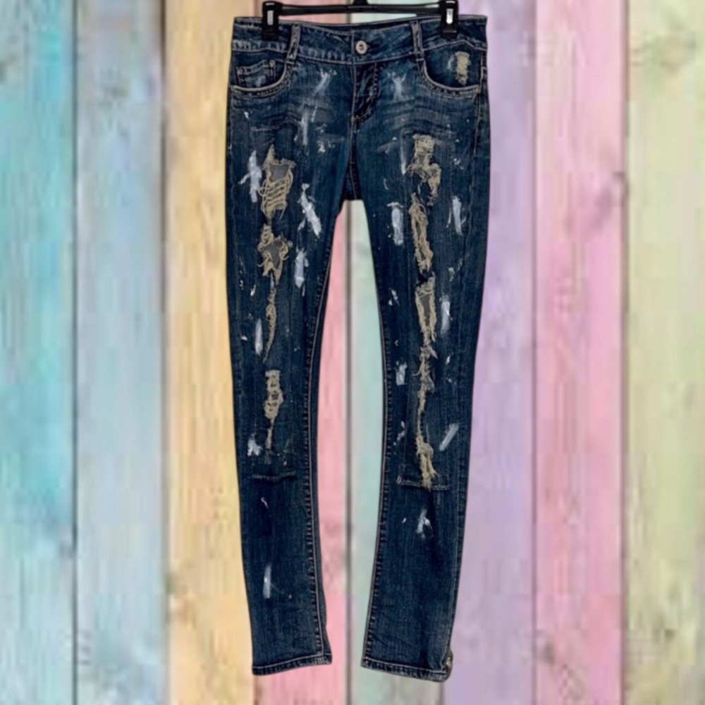 Rue 21 Premiere Blue Distressed Paint Splatter Custom Jeans